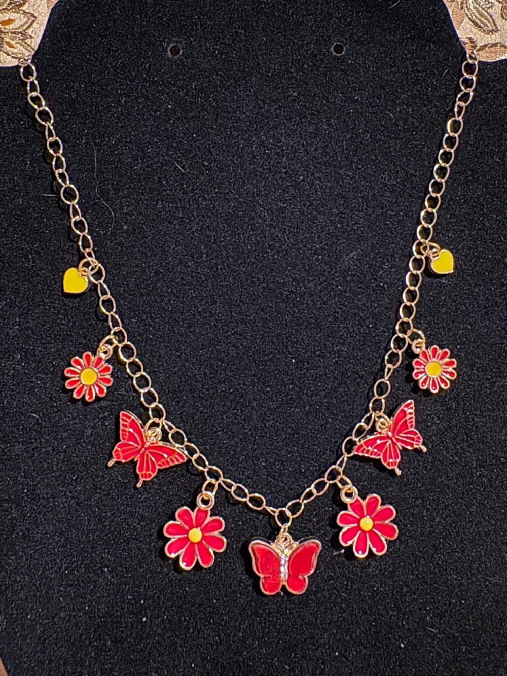 Parky’s Place Red Butterfly & Daisy Charm Necklace 20”